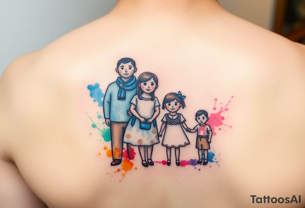 Family 2 parents 2 kids with colour around the caracters tattoo idea