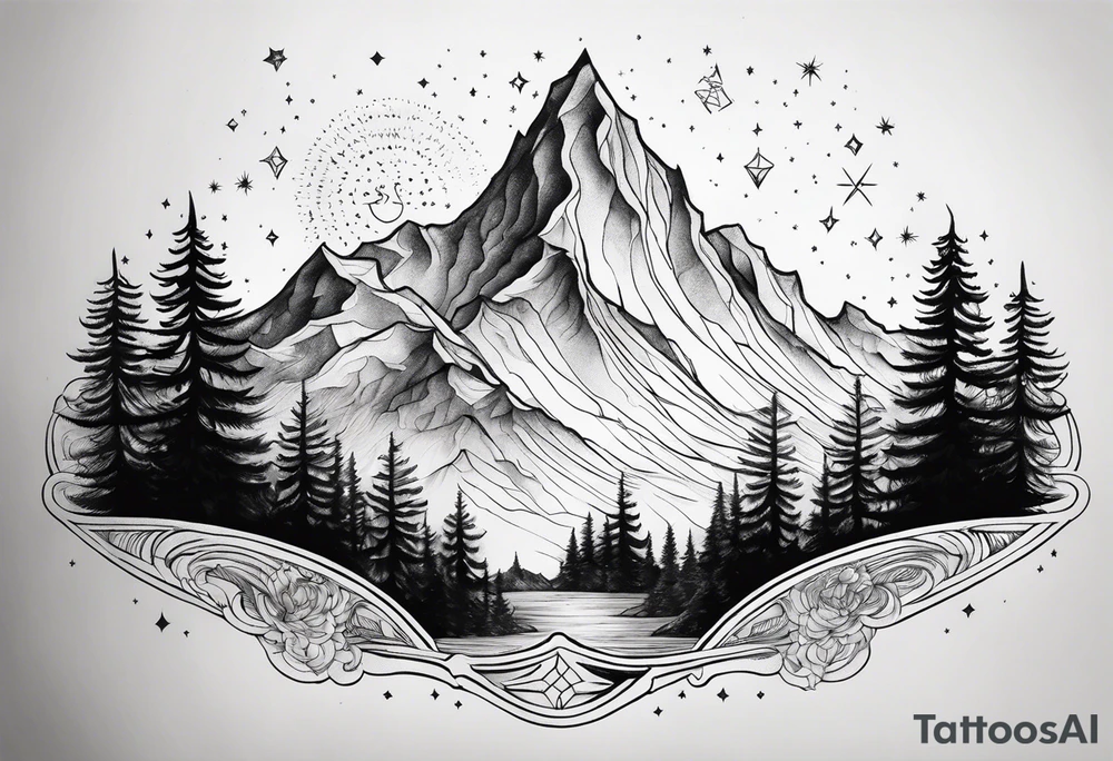 A mountain in the background, with a pine tree in front of the constellation of Aquarius tattoo idea