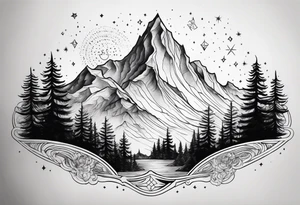 A mountain in the background, with a pine tree in front of the constellation of Aquarius tattoo idea