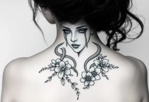 Medusa with tears snakes coming out of hair with flowers and quotes tattoo idea