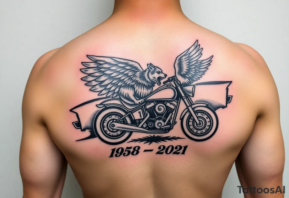 Dale Earnhardt car on it with the year 1958 - 2021 intertwined with a motorcycle on it with guardian angel wolves tattoo idea