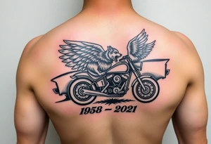 Dale Earnhardt car on it with the year 1958 - 2021 intertwined with a motorcycle on it with guardian angel wolves tattoo idea