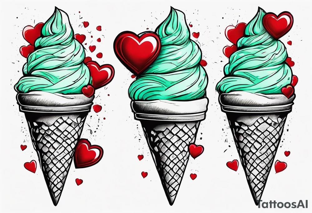 mint chocolate chip ice cream cone with small red heart on it somewhere. tattoo idea