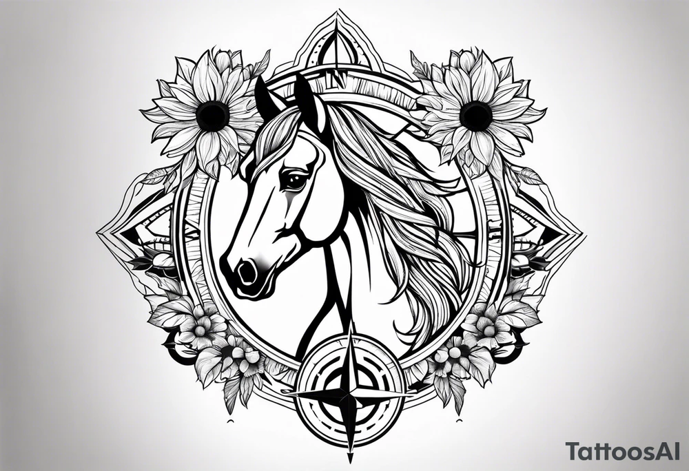 Horse, compass, sunflower tattoo idea