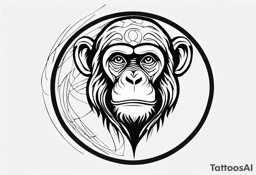 Create an abstract monkey outline in a small disconnected circle tattoo idea