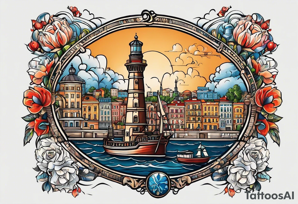 This tattoo depicts the city of Odesa. The main symbols of this city are a ship's wheel, a lighthouse, the Potemkin Stairs, the sea, the Opera House, and the cozy small streets. tattoo idea