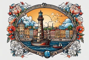 This tattoo depicts the city of Odesa. The main symbols of this city are a ship's wheel, a lighthouse, the Potemkin Stairs, the sea, the Opera House, and the cozy small streets. tattoo idea