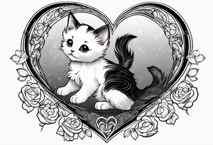 Cute kitten jumping over a heart full body tattoo idea