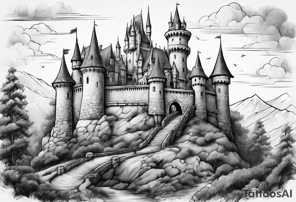 A Castle with legs and arms tattoo idea