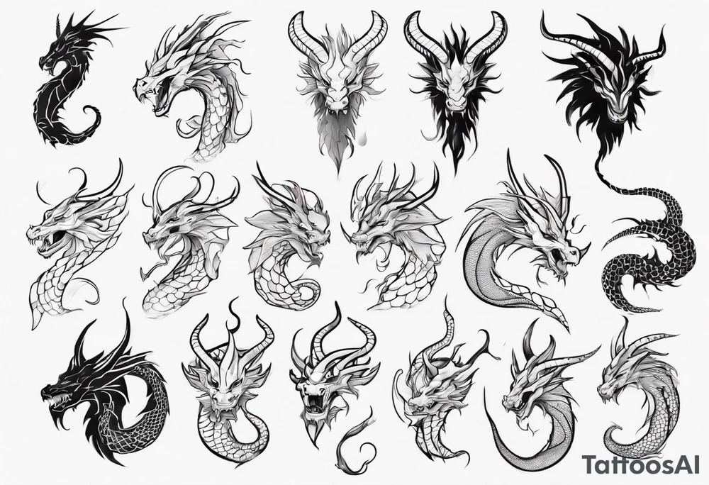 long dragon with horns, mane, scales tattoo idea