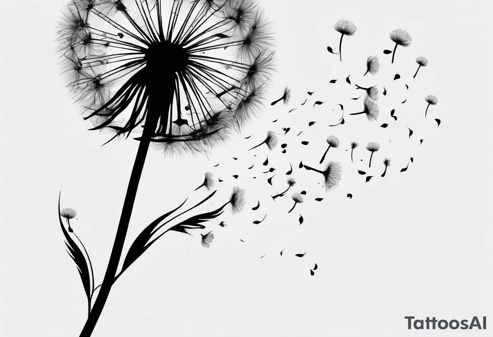 Dandelion with its ligules blowing away, a few legs are tiny hearts, the girls turn into a little bird, flying away to its future tattoo idea