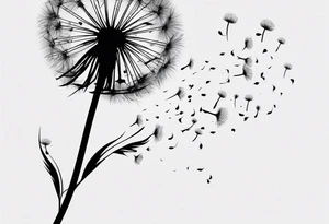 Dandelion with its ligules blowing away, a few legs are tiny hearts, the girls turn into a little bird, flying away to its future tattoo idea
