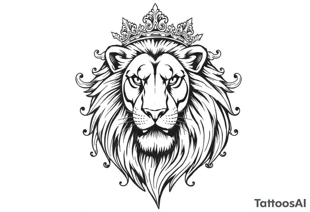 majestic lion wearing ornate crown, surrounded by baroque flourishes tattoo idea
