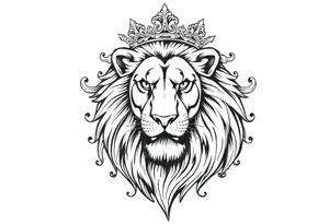 majestic lion wearing ornate crown, surrounded by baroque flourishes tattoo idea