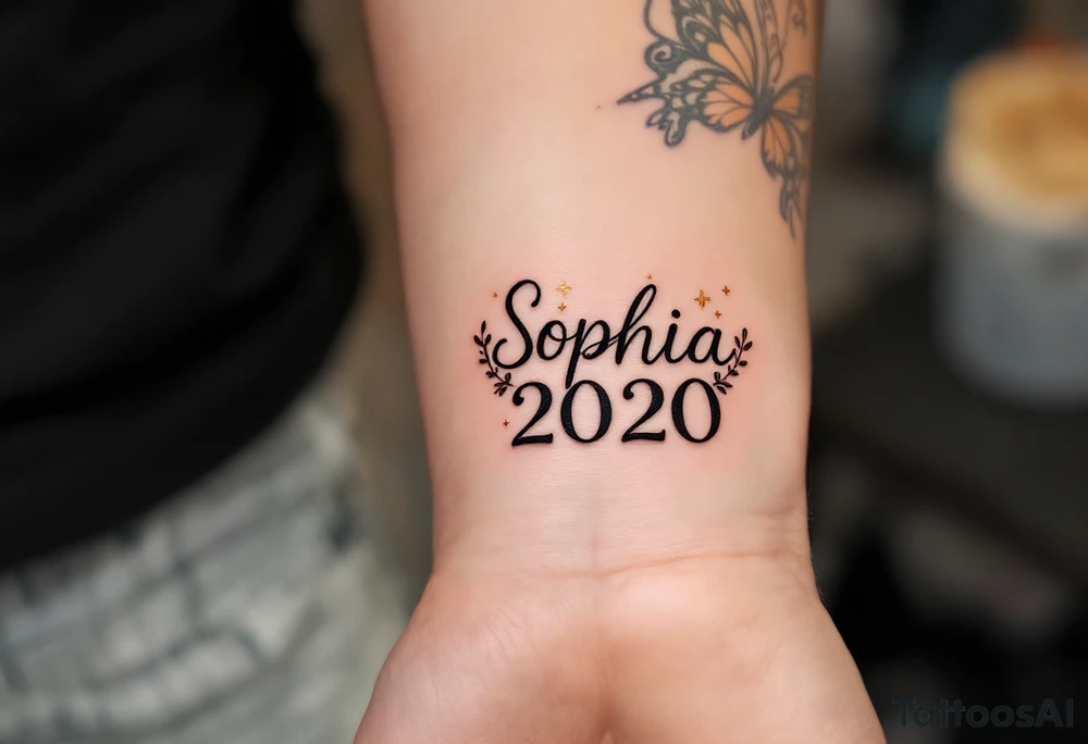 Sophie 08 10. 2020 – Soft peach and coral tones around Sophia's birthdate, adorned with butterfly wings and small gold sparkles. tattoo idea