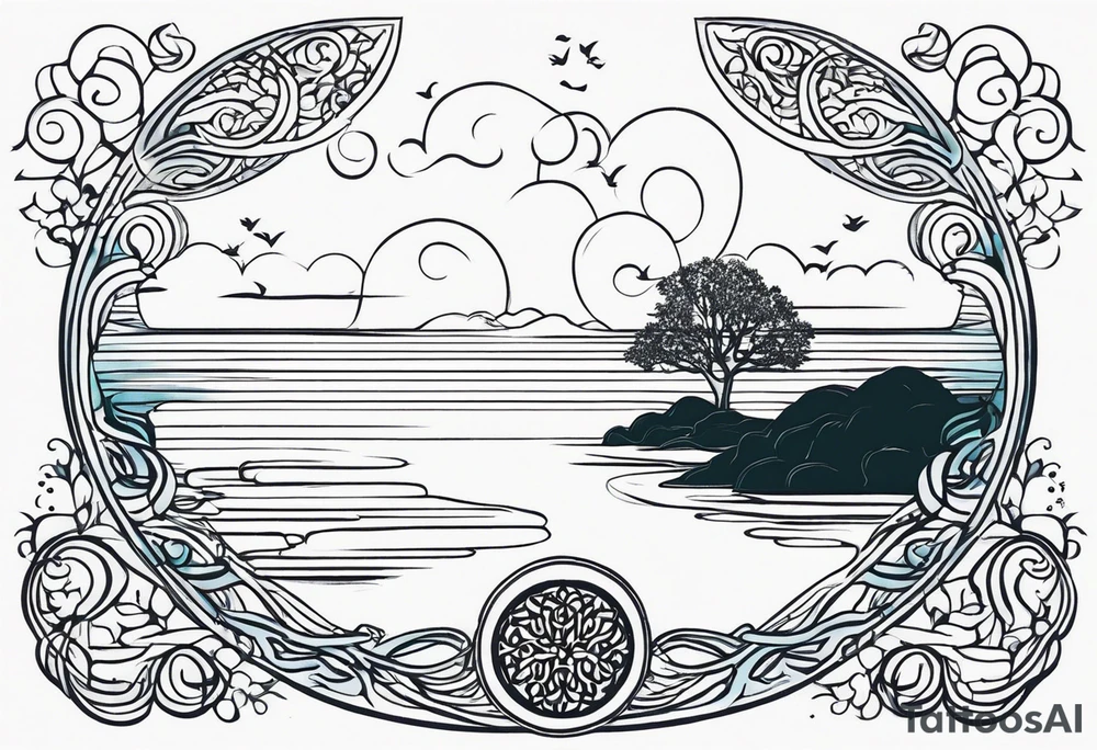 calm sea and tree of life without frame tattoo idea