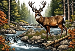 Deer, fishing, morel mushroom, crossbow, rifle & out door scenery tattoo idea