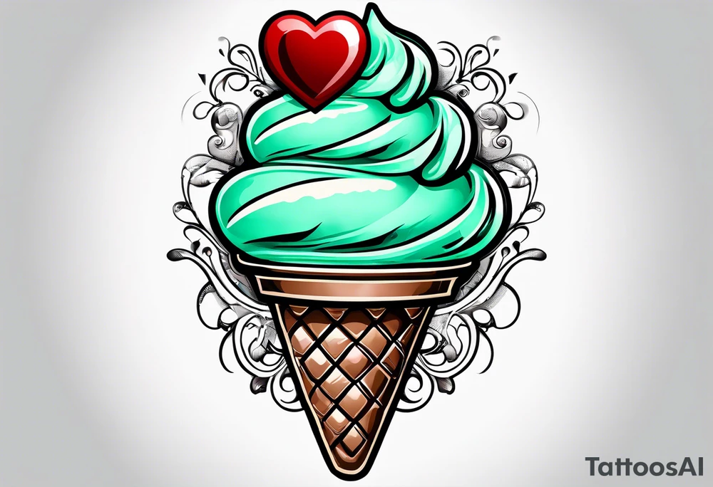 mint chocolate chip ice cream cone with small red heart on it somewhere. tattoo idea