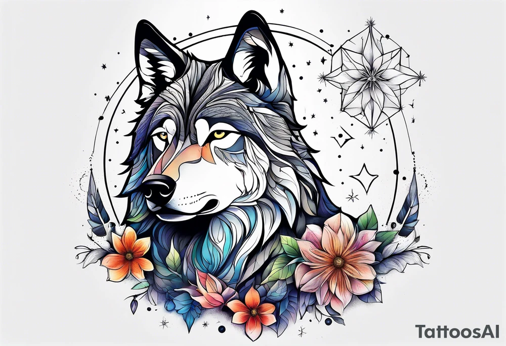 Constellation, animal wolf snow , géométric , flower tattoo idea