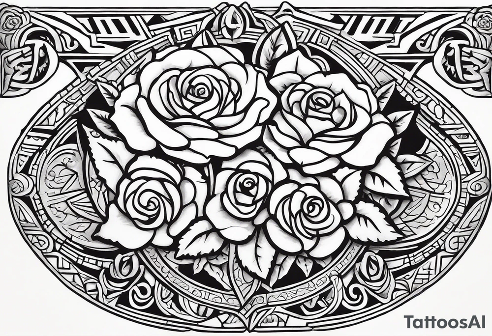 Design a masculine tattoo depicting three delicate rose buds being embraced and protected by 
Aztec weapons. The weapons should include elements such as the macuahuitl (Aztec sword-club), obsidian blades, and Mayan calendar, arranged in a way that forms a protective circle or embrace around the roses. Carve the entire image as if it were a stone sculpture by an ancient Aztec artist, with the texture resembling intricately detailed stone carvings. The roses should be slightly softer but still stylized in stone, giving the entire tattoo a powerful, yet artistic and ancient feel. Use bold, sharp lines to capture the essence of Aztec craftsmanship tattoo idea