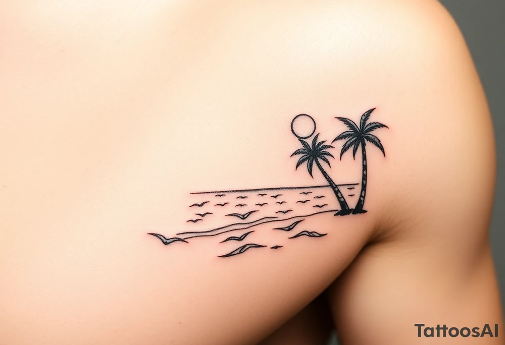 happy, peaceful, serene, timeless, ocean, sand, palm tree, seagulls, sun, subtle, masculine tattoo idea