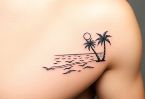 happy, peaceful, serene, timeless, ocean, sand, palm tree, seagulls, sun, subtle, masculine tattoo idea