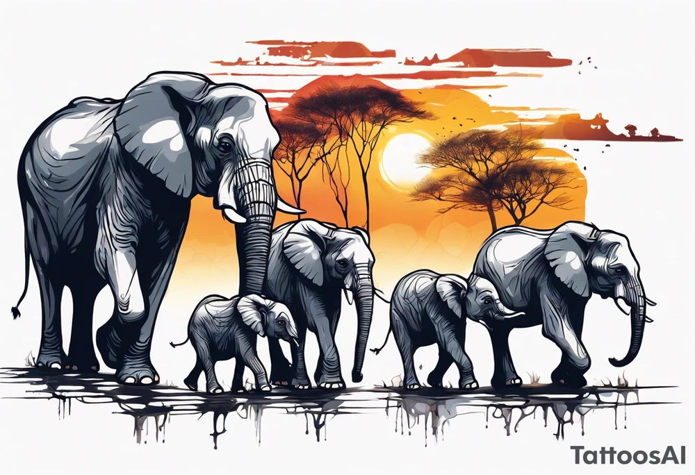 family of 6 elephants walking into sunset after one of them has died tattoo idea