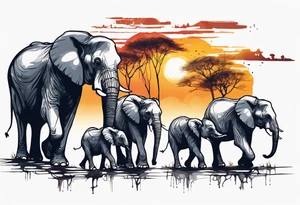 family of 6 elephants walking into sunset after one of them has died tattoo idea