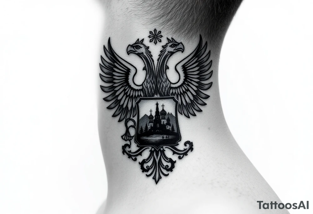 Traditional authentic Russian coat of arms with double headed eagle & a well shaded Christian orthodox virgin marry crest in the middle with silhouette of a lake in a Russian wilderness Christian orthodoxy dome church village setting on the side of my neck tattoo idea