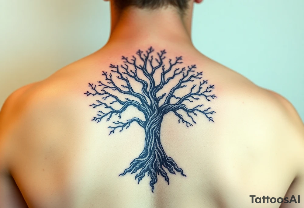 mystical tree of life with cosmic roots and celestial branches tattoo idea