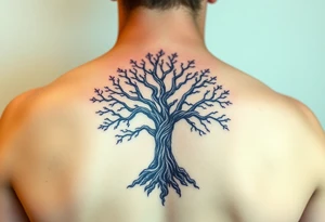 mystical tree of life with cosmic roots and celestial branches tattoo idea