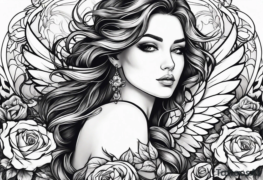 Beautiful woman angle with wings standing surrounded by roses tattoo idea