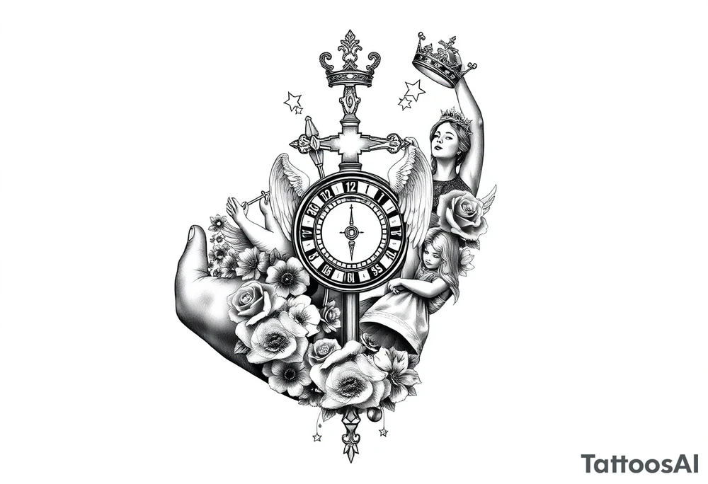 Roulette casino and princess and jesus on cross, baby angels, roses and clock and stars and fish, crown tattoo idea