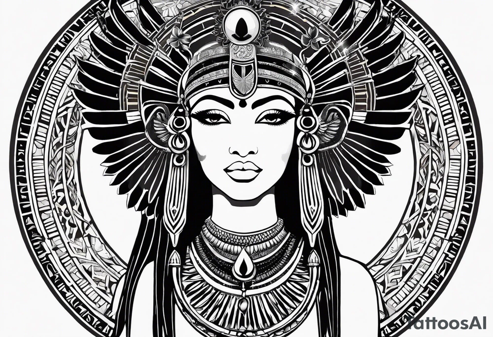 black and white Egyptian goddess Isis, who is often depicted as a woman with outstretched wings, holding an ankh (a symbol of life) in one hand and a lotus flower in the other. Her headdress often includes a throne or a solar disk. The tattoo design can vary in style and size, but it typically aims to capture the essence of this revered Egyptian deity, emphasizing her beauty, power, and maternal qualities. The choice of colors and additional elements can also be customized to create a unique and visually striking representation of the goddess Isis tattoo idea