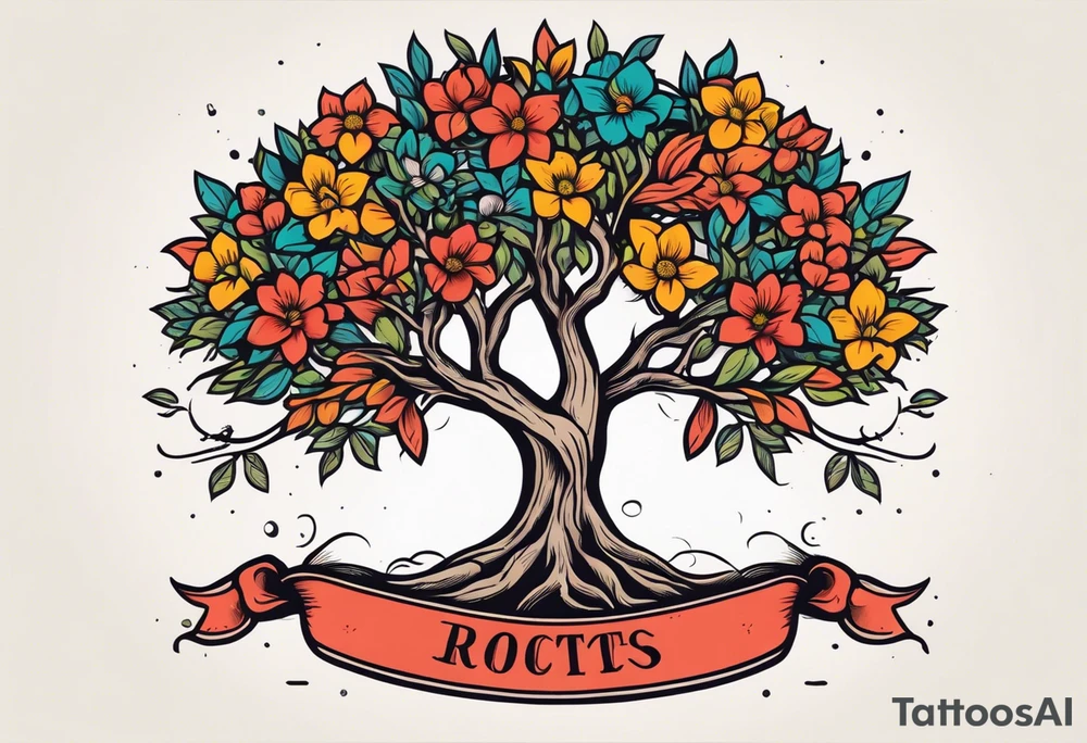 tree with roots 
and banner across

old school vintage simple traditional design with vintage flowers surrounding
bold color simple tattoo idea