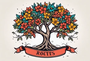 tree with roots 
and banner across

old school vintage simple traditional design with vintage flowers surrounding
bold color simple tattoo idea