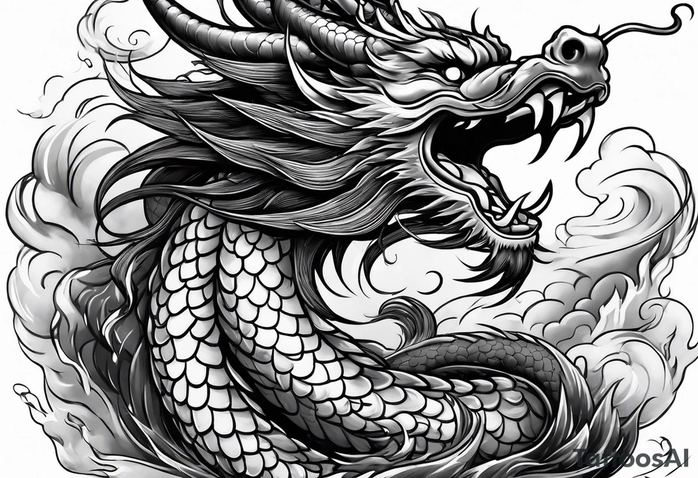 chinese dragon blowing fire while flying through a thunderstorm tattoo idea