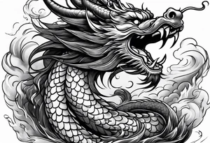 chinese dragon blowing fire while flying through a thunderstorm tattoo idea