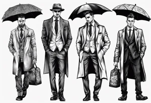 A man wearing a suit and an overcoat holding an umbrella tattoo idea