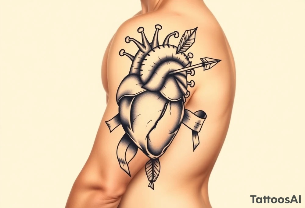 anatomical heart pierced by ornate arrow with flowing ribbons tattoo idea