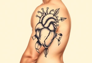 anatomical heart pierced by ornate arrow with flowing ribbons tattoo idea