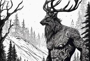 A spooky dead NO SKIN accurate wendigo side profile surrounded by a forest fire in background tattoo idea