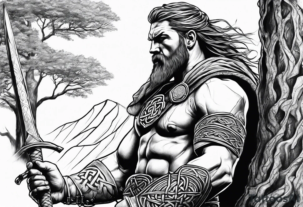 Celtic warrior facing left with trees I'm background tattoo idea Celtic warrior facing left with trees I'm background tattoo idea