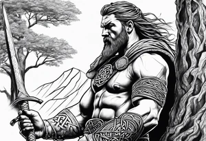 Celtic warrior facing left with trees I'm background tattoo idea