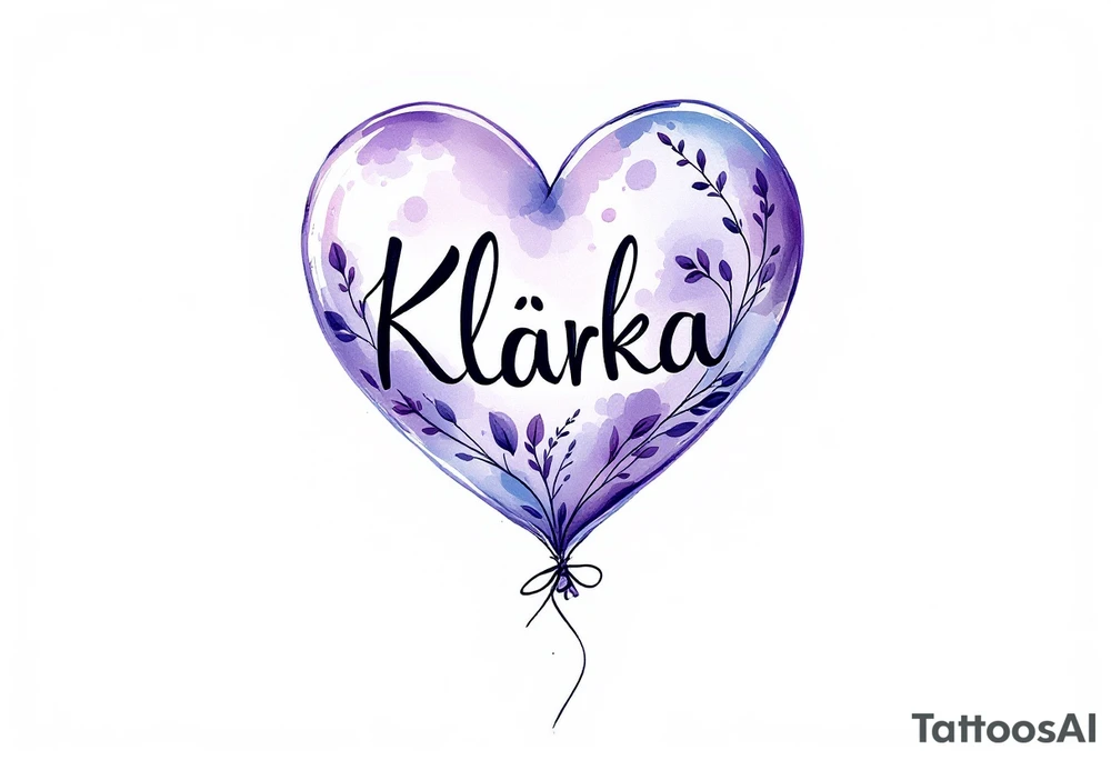 A heart-shaped balloon in soft lavender with a ribbon spelling Klárka. tattoo idea