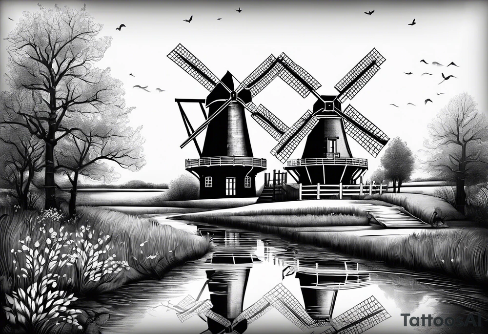 dutch windmill with text above "KLOMP" tattoo idea
