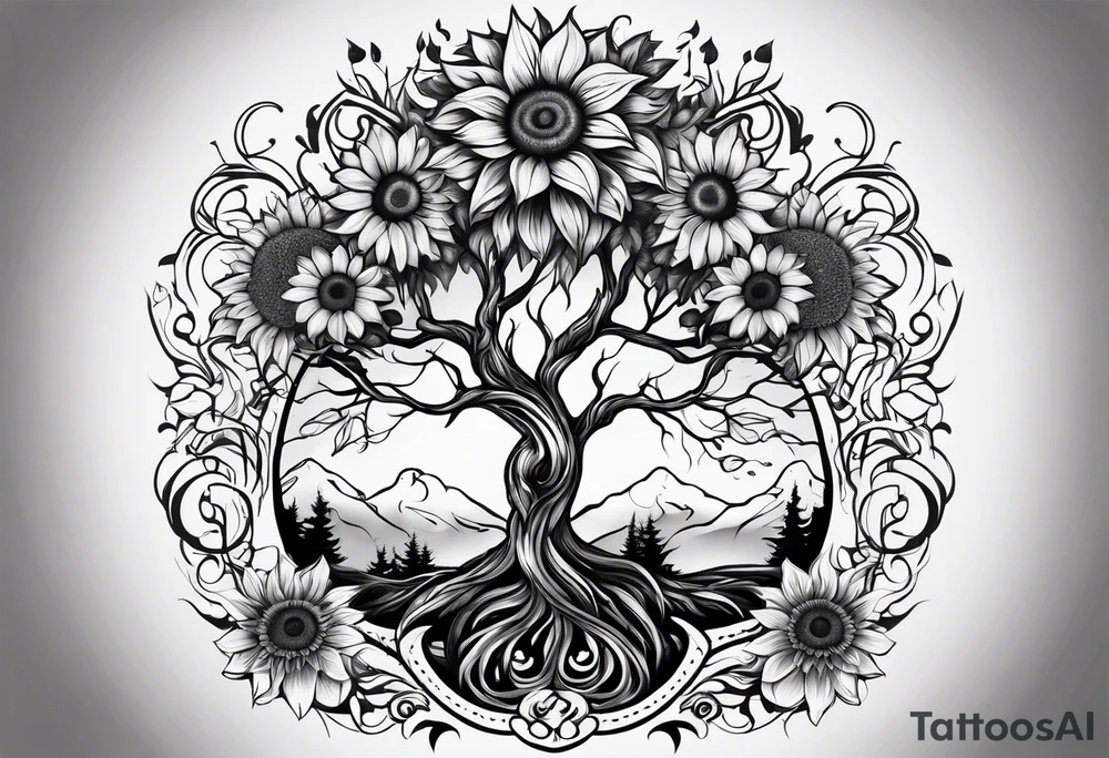 Feminine Yggdrasil tree with two sunflowers tattoo idea