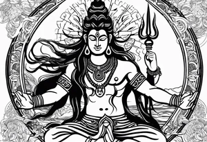 envision Shiva in a dynamic pose, surrounded by symbols representing adventure and karma, with flowing elements to signify your go-with-the-flow attitude. tattoo idea