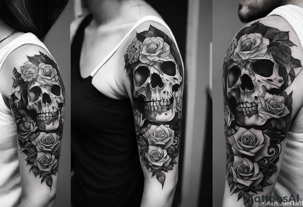 A sleeve tattoo whose elements seem to be connected into one story. Elements on the tattoo: a skull with a rose sticking out of the eye, plants, a girl’s face turning into roots, a destroyed old chain, a broken sword, a butterfly and you can add some connecting elements tattoo idea