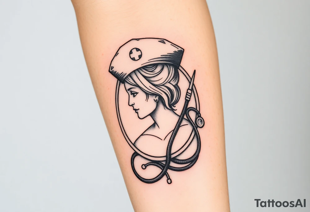 nurse hat and a needle and stethoscope  in an elaborate vintage cameo tattoo idea